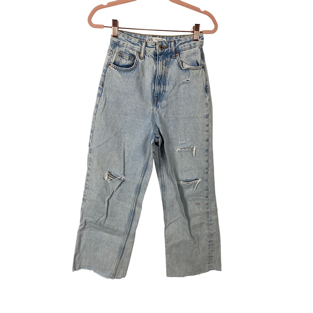 Zara Women Denim High Waisted Wide leg Ripped Jeans Lightwash Size 0
